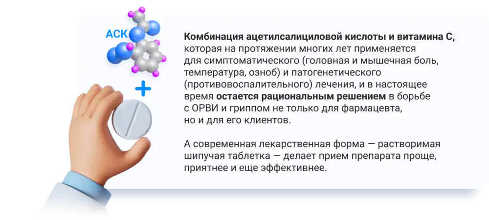 Комбинация ацетилсалициловой кислоты и витамина С остается рациональным решением для лечения ОРВИ и гриппа. Шипучая таблетка делает прием проще