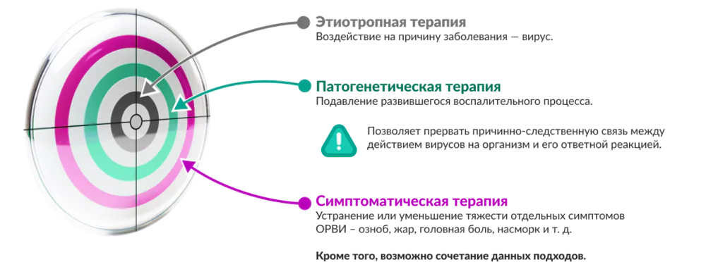 Этиотропная терапия (воздействие на вирус); патогенетическая терапия (подавление воспалительного процесса); симптоматическая терапия (устранения симптомов)